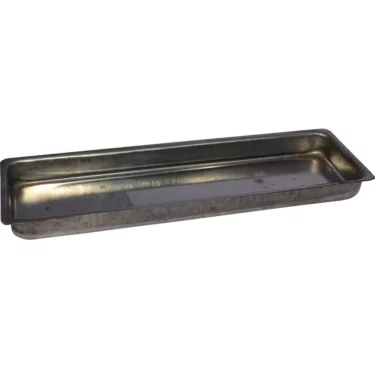 The Ponte Vecchio 80-R1095 Drip Tray is a rectangular, shallow metal tray with slightly raised edges, visible wear, discoloration, and minor scratches, displayed on a white background. © 2025 1st-line.com