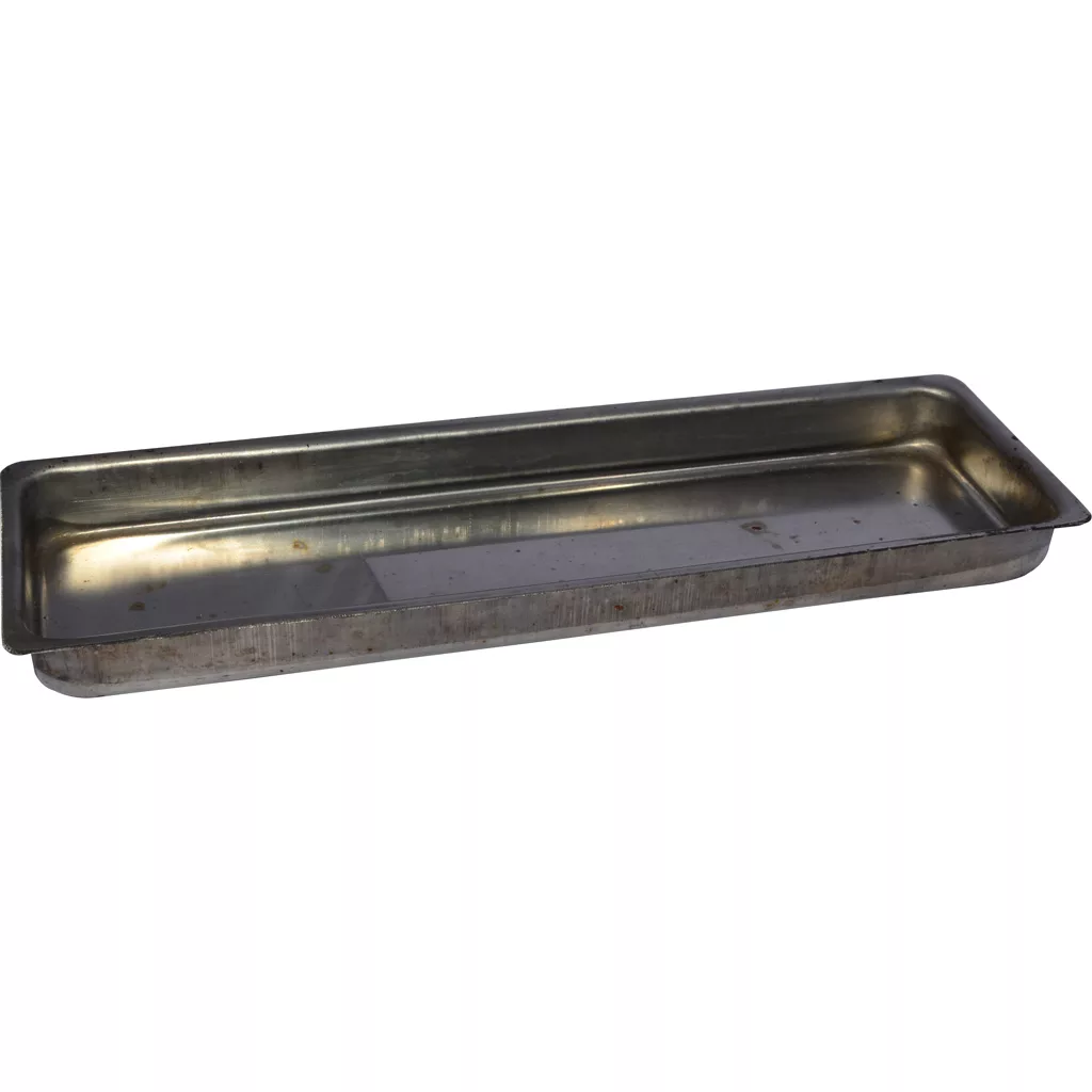 The Ponte Vecchio 80-R1095 Drip Tray is a rectangular, shallow metal tray with slightly raised edges, visible wear, discoloration, and minor scratches, displayed on a white background. © 2025 1st-line.com