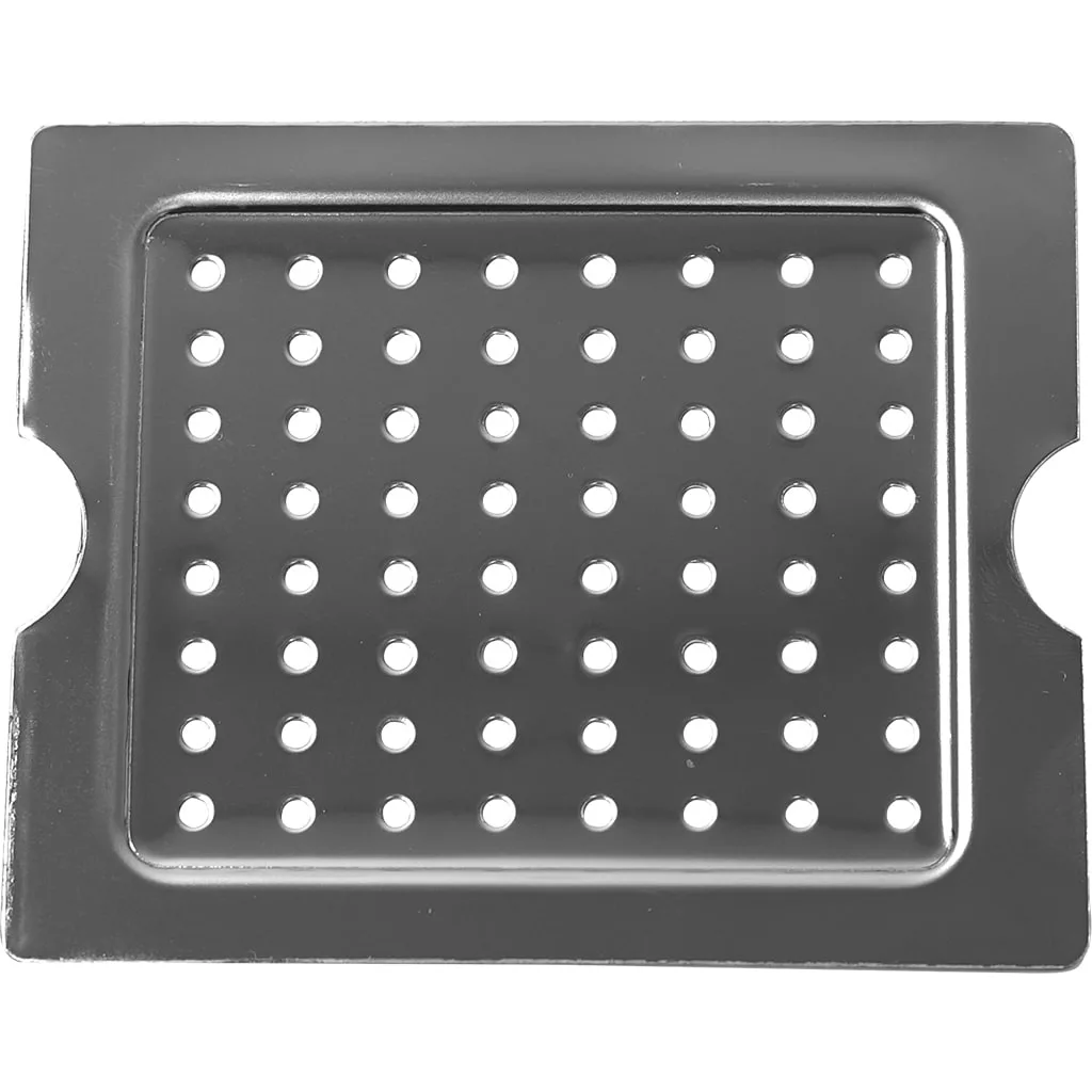 The Ponte Vecchio P4792 Drip Tray Cover for Export is a rectangular metal plate with a raised border, evenly spaced round holes in a grid, and two semicircular cutouts on opposite sides. © 2025 1st-line.com