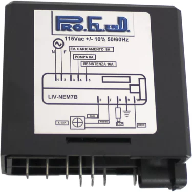 The Pro.El.Ind. Brain Unit - LIV-NEM7B, 115Vac for La Nuova Era Cuadra V3 features a black design, labeled connections, schematic diagram, and specs: 115Vac ±10%, 50/60Hz, 8A—ideal replacement for your espresso machine. © 2025 1st-line.com