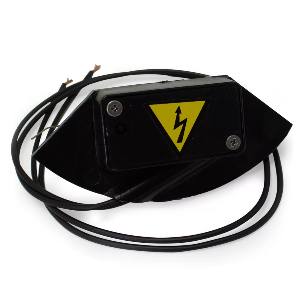 The Quamar Microswitch is a black electronic component with a yellow warning symbol featuring a black lightning bolt. It has two black wires and a rectangular panel secured by two screws, often used in espresso or coffee machines. © 2025 1st-line.com