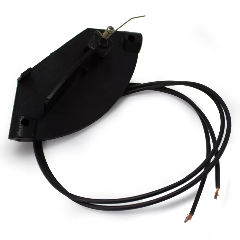 The Quamar Microswitch is a black plastic component with two attached wires and exposed copper tips. Featuring a small metal pin and curved surface, it’s designed for espresso machines or grinders, shown against a white background. © 2025 1st-line.com