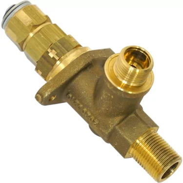 The Rancilio 10060105 Steam Valve is a brass valve with three threaded connectors, a hexagonal nut, and cylindrical fittings on each end for joining or controlling fluid flow in pipes. © 2025 1st-line.com