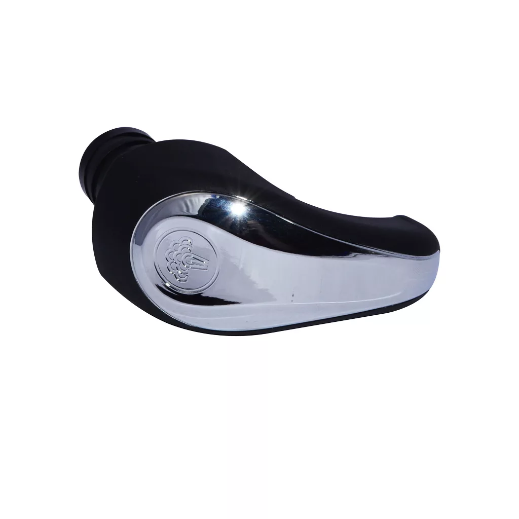 The Rancilio 10060181 Lever Steam Handle for Epoca features a black and silver design with a reflective surface and circular logo on the side, shown isolated against a white background. © 2025 1st-line.com