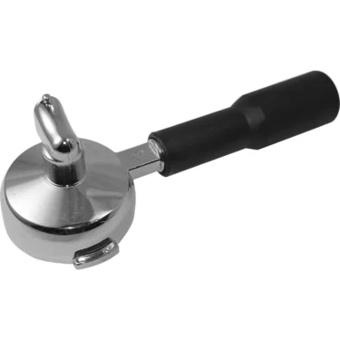 The Rancilio 10071021 58mm Single Spout Portafilter (2008 version w/ logo) features a black handle and metal body, shown on a white background—ideal for precise espresso extraction. © 2025 1st-line.com