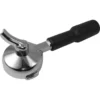 The Rancilio 10071110 58mm Single Spout Portafilter features a black handle and metal basket, perfect for holding coffee grounds in espresso machines. © 2025 1st-line.com