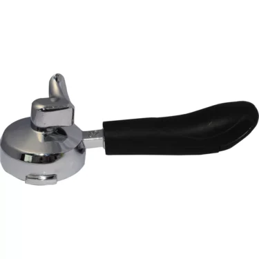 The Rancilio 10071118 1-Cup 58mm Portafilter with a black handle, designed for holding coffee grounds in espresso machines, is displayed on a white background. © 2025 1st-line.com