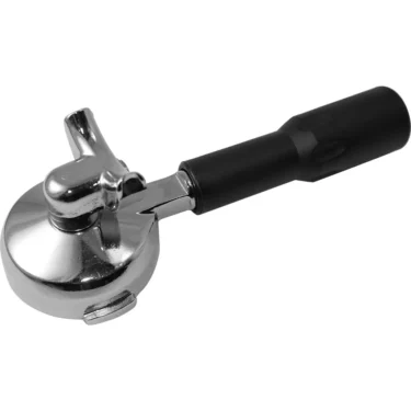 The Rancilio 10071120 Portafilter - dual spout with a black handle is shown against a white background. © 2025 1st-line.com