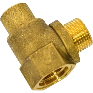 The Rancilio 20121151 Steam Valve Body for V3 only - Rancilio Silvia features male and female threaded ends for angled pipe connections, with a cylindrical brass design and a golden metallic finish. © 2025 1st-line.com