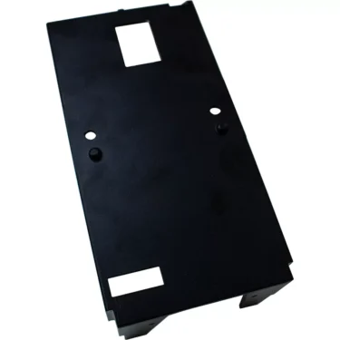 The Rancilio 21202372 Black Face Support is a flat, rectangular metal plate with two cutouts and two raised pegs, designed as a mounting component for the Rocky Doserless espresso grinder. © 2025 1st-line.com