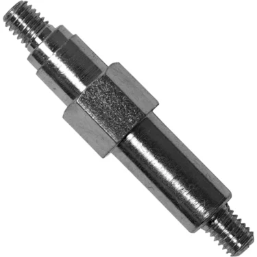 The Rancilio 26212001 Doser Mixer Pin - Rocky is a metal double-ended connector with a hex center for tightening, designed for use with Doser Mixer Pin attachments in Rocky or Rancilio machines, shown on a white background. © 2025 1st-line.com