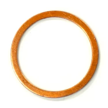 The Rancilio 27400001 Copper Gasket, a flat, thin, circular washer with a smooth metallic finish, is shown from above against a plain white background. © 2025 1st-line.com