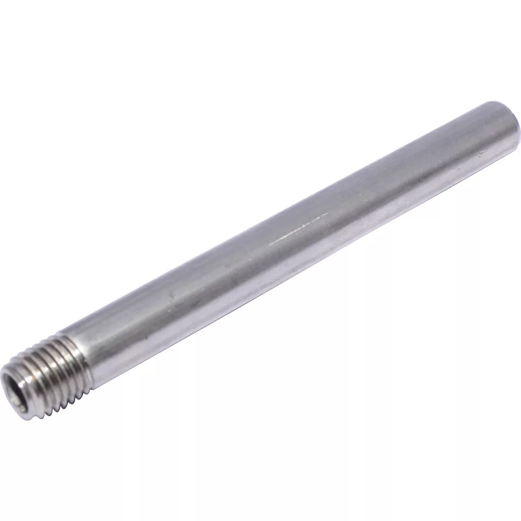 The Rancilio 28050004 Water Suction Pipe is a cylindrical metal rod with a smooth surface, threaded grooves on one end, and a plain blunt end, displayed against a white background. © 2025 1st-line.com