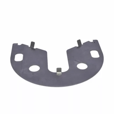 The Rancilio 32331207 Group Cover Bracket is a flat, semi-circular metal plate with three holes, two rectangular cutouts, and small tabs along the curved edge, shown isolated on a white background. © 2025 1st-line.com