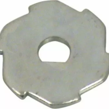 The Rancilio 32599004 Dosing Mixer Cam for Rocky is a metal washer with a central hole and four irregular, rounded notches around its edge, designed specifically for use in Rocky espresso grinders. © 2025 1st-line.com