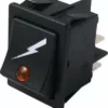 The Rancilio 34030037 Switch for Power - Silvia is a black rectangular rocker switch with a white lightning bolt symbol, an orange indicator light at the bottom, and side metal prongs for electrical connections. © 2025 1st-line.com