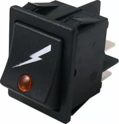 The Rancilio 34030037 Switch for Power - Silvia is a black rectangular rocker switch with a white lightning bolt symbol, an orange indicator light at the bottom, and side metal prongs for electrical connections. © 2025 1st-line.com