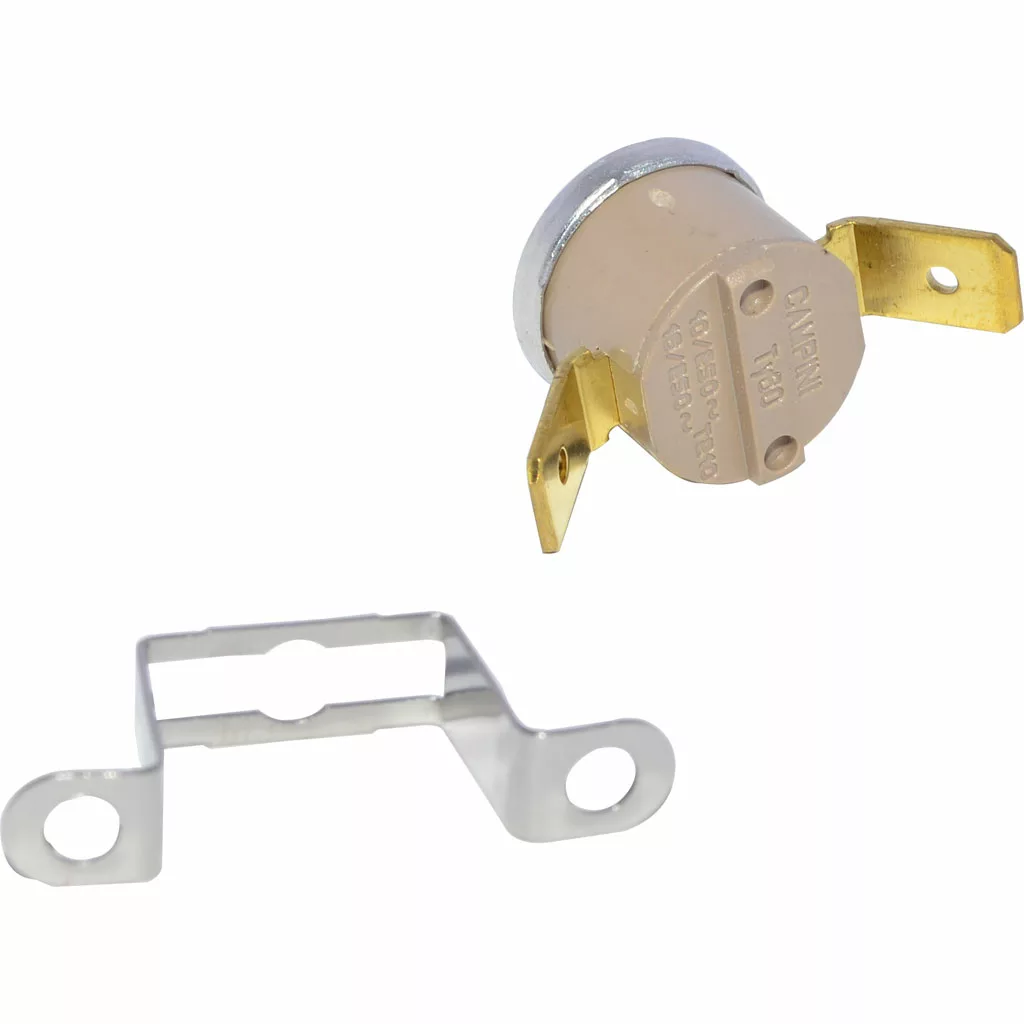The Rancilio 34200295 140° C Steam Thermostat is a round metal thermostat with two flat brass terminals and a sturdy mounting bracket, designed for precise temperature control in Rancilio machines. © 2025 1st-line.com