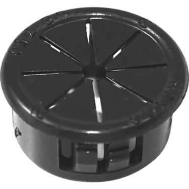 The Rancilio 34200347 Back Panel Wiring Cap is a round, black plastic grommet with flexible slits for organizing and protecting cables through surfaces, featuring raised text along its edge. © 2025 1st-line.com