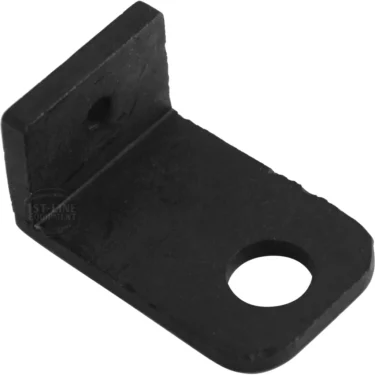The Rancilio 36990056 Pump Support Bracket - Silvia is a black metal L-shaped bracket with two holes—one small, one larger—on each arm, ideal for mounting or connecting objects at a right angle. © 2025 1st-line.com
