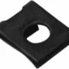 The Rancilio 37900806 Screw Holder for Top Panel - Silvia is a black rectangular U-nut clip with a central circular hole and side cutout, ideal for securing panels or components in various assemblies. © 2025 1st-line.com