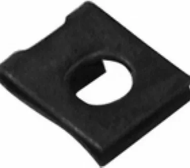 The Rancilio 37900806 Screw Holder for Top Panel - Silvia is a black rectangular U-nut clip with a central circular hole and side cutout, ideal for securing panels or components in various assemblies. © 2025 1st-line.com
