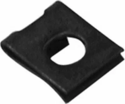 The Rancilio 37900806 Screw Holder for Top Panel - Silvia is a black rectangular U-nut clip with a central circular hole and side cutout, ideal for securing panels or components in various assemblies. © 2025 1st-line.com