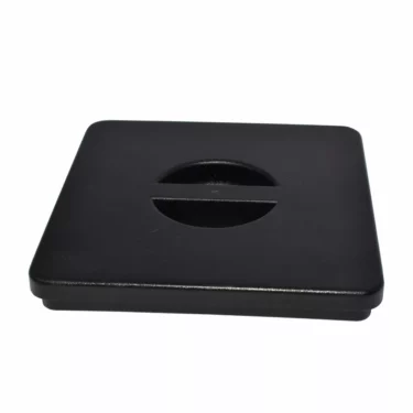 The Rancilio 38120040 Bean Hopper Cover for MD40 Grinder is a square, black plastic lid with a recessed circular handle in the center, shown against a white background. © 2025 1st-line.com