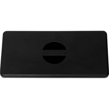 The Rancilio 38123011 Water Tank/Reservoir Cover is a rectangular black plastic lid with rounded edges and a central slot, partly enclosed by a circular cutout—ideal as a replacement Rancilio water tank cover. © 2025 1st-line.com