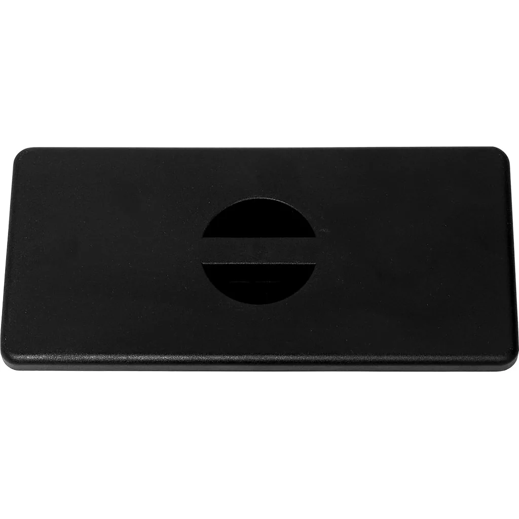 The Rancilio 38123011 Water Tank/Reservoir Cover is a rectangular black plastic lid with rounded edges and a central slot, partly enclosed by a circular cutout—ideal as a replacement Rancilio water tank cover. © 2025 1st-line.com