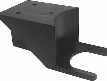 The Rancilio 38123031 Portafilter Fork is a black metal bracket with a rectangular base, angled top with two screw holes, and a U-shaped cutout on one end, designed for use with Rancilio machines. © 2025 1st-line.com