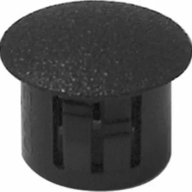 The Rancilio 38221007 Doser Tank/Reservoir Cap is a black plastic hole plug with a textured, rounded top and slotted sides for secure panel or surface installation. © 2025 1st-line.com