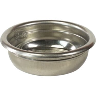 The Rancilio 40100010 2-Cup Replacement Filter Basket/Cup is a small, round stainless steel basket with a shiny, smooth surface and flared rim, shown against a white background. © 2025 1st-line.com