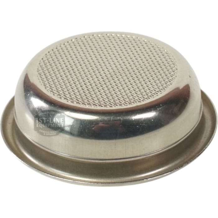 The Rancilio 40100010 2-Cup Replacement Filter Basket/Cup is shown upside down, highlighting its flat, perforated bottom and raised rim against a white background—perfect for replacing your espresso machines filter basket. © 2025 1st-line.com