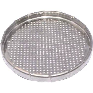 The Rancilio 40200030 LE/S Shower/Dispersion Screen is a round metal filter with raised edges and a grid of small holes, designed for use in kitchen or industrial applications. © 2025 1st-line.com