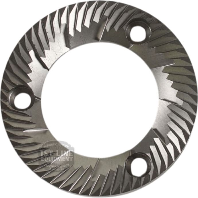 The Rancilio 69000306 64mm Single Flat Grinding Burr is a circular metal burr with sharp, angled grooves and three evenly spaced screw holes, designed for use in Rancilio coffee grinders. © 2025 1st-line.com