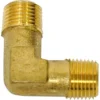 The Rancilio 69200121 Elbow Fitting is a brass, 90-degree connector with male threaded ends on both sides, designed for joining two pipes at a right angle. © 2025 1st-line.com