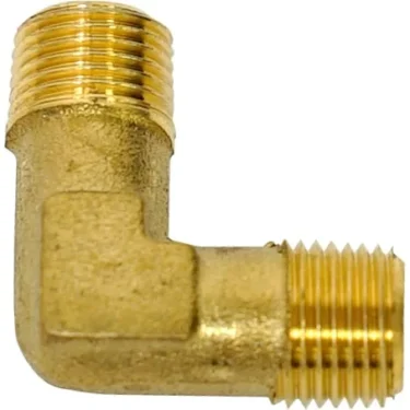 The Rancilio 69200121 Elbow Fitting is a brass, 90-degree connector with male threaded ends on both sides, designed for joining two pipes at a right angle. © 2025 1st-line.com