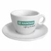 The Rancilio Cappuccino Cup & Saucer is a white ceramic cup with handle, featuring the green and white Rancilio logo and coffeeing the World on the side. Ideal for savoring your favorite brew. © 2025 1st-line.com
