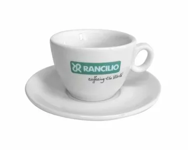 The Rancilio Cappuccino Cup & Saucer is a white ceramic cup with handle, featuring the green and white Rancilio logo and coffeeing the World on the side. Ideal for savoring your favorite brew. © 2025 1st-line.com