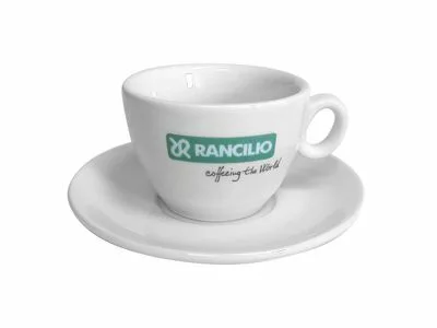 The Rancilio Cappuccino Cup & Saucer is a white ceramic cup with handle, featuring the green and white Rancilio logo and coffeeing the World on the side. Ideal for savoring your favorite brew. © 2025 1st-line.com