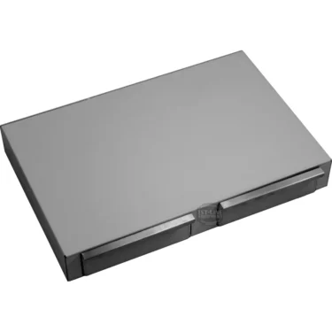 The Rancilio Stainless Steel Base - 2 drawer is a rectangular, closed silver metal box with smooth surfaces and sharp edges, shown resting on a white background. © 2025 1st-line.com
