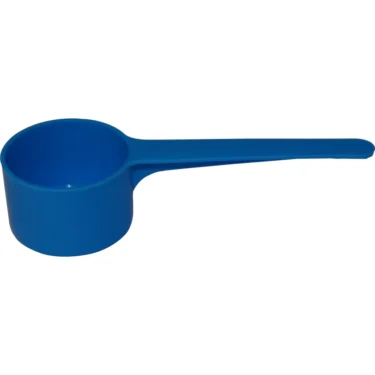 The Rattleware 03715 Scoop - 1 oz is a blue plastic scoop with a round cup and long handle, displayed on a plain white background. © 2025 1st-line.com