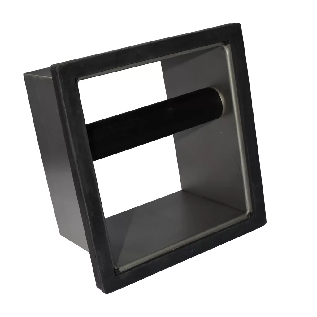 The Rattleware Knock Chute (6 x 5.5 x 4) features a square, black, open-frame push-pull handle with a central cylindrical bar—perfect for doors or drawers in espresso knock chute setups and other essential barista accessories. © 2025 1st-line.com