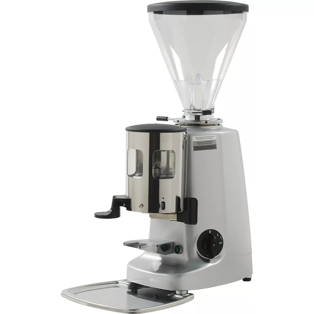 The REDIRECTED Mazzer Super Jolly Commercial Espresso Coffee Grinder features a 64 mm flat burr, timer, doser, and comes in silver with a large clear bean hopper and metal dosing chamber. © 2025 1st-line.com