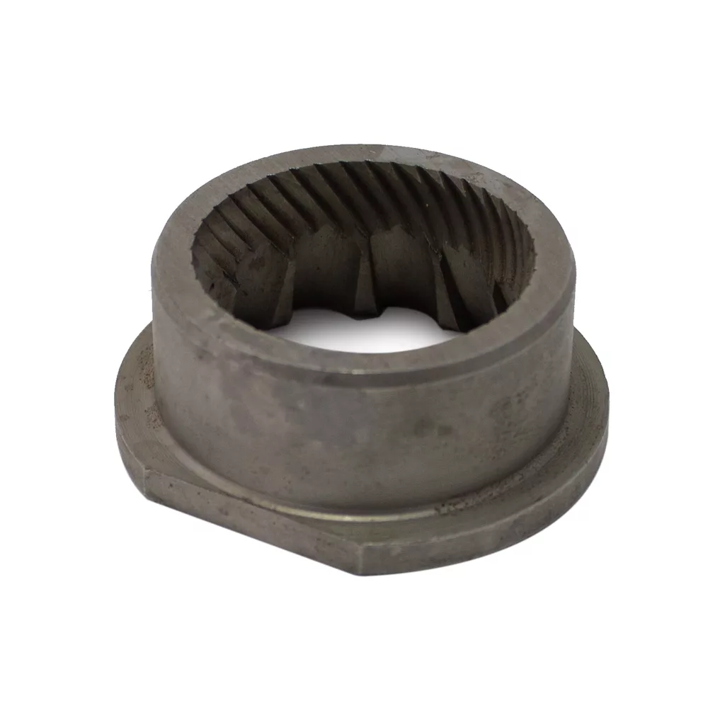 The Saeco 9141.039 Conical Grinding Burr - Upper (Outer) for Magic/Royal models is a metal, cylindrical gear with internal teeth and a flanged base, shown on a white background. © 2025 1st-line.com