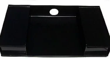 The Saeco Base - 2 drawer, steel is a black organizer tray with two side pull-out drawers and a circular hole at the back center. © 2025 1st-line.com