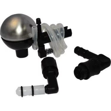 The Saeco Cappucinatore Milk Frothing Attachment includes a metallic float valve, plastic connectors, a coiled clear tube, and black and white elbow joints for liquid level control in tanks and reservoirs. © 2025 1st-line.com