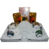 The Saeco Espresso and Cappuccino Cup Starter Kit includes four colorful espresso cups with matching saucers and spoons, two gold packets of Chicco d’Oro coffee, a box of chocolates, a coffee-themed book, all on a white tray. © 2025 1st-line.com
