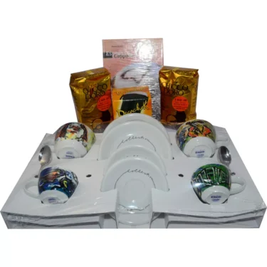 The Saeco Espresso and Cappuccino Cup Starter Kit includes four colorful espresso cups with matching saucers and spoons, two gold packets of Chicco d’Oro coffee, a box of chocolates, a coffee-themed book, all on a white tray. © 2025 1st-line.com